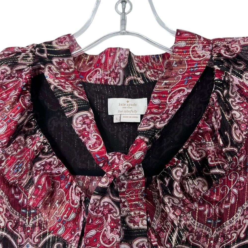 Kate Spade Medallion Metallic Silk Patterned Blouse Size Large